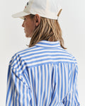 MODEL WEARING REL STRIPED POPLIN SHIRT DRESS