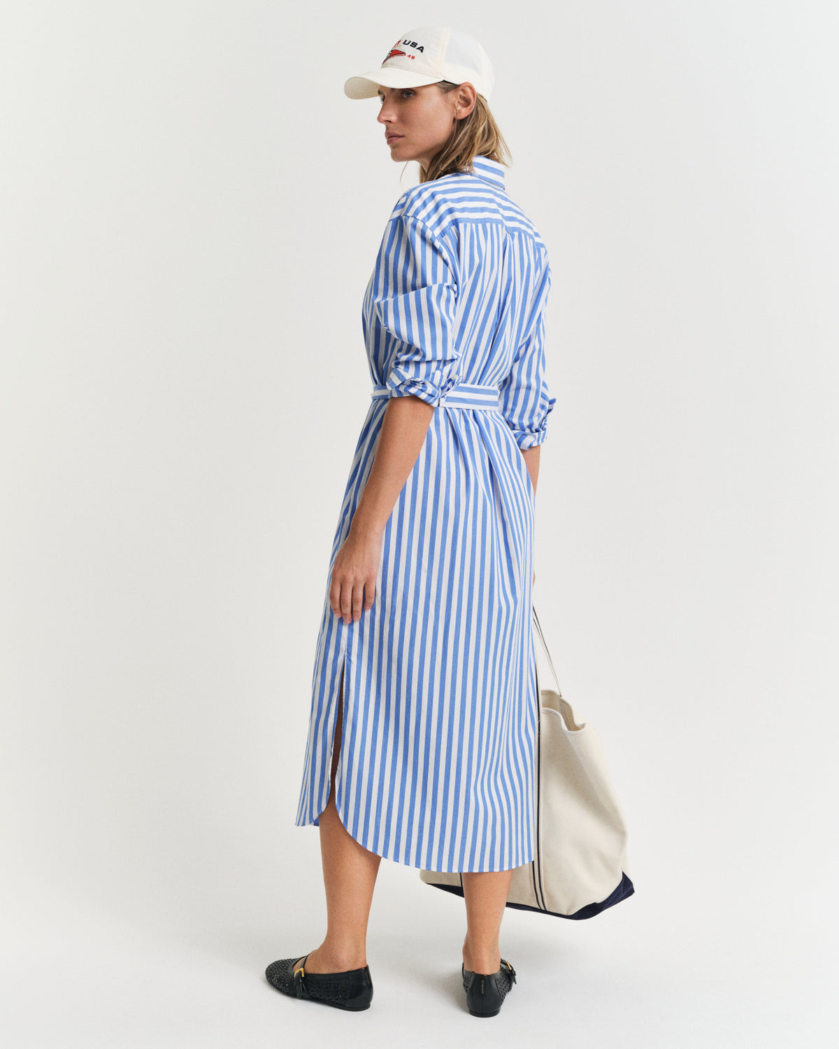WHITE, REL STRIPED POPLIN SHIRT DRESS, BACK-VIEW BY GANT AU.