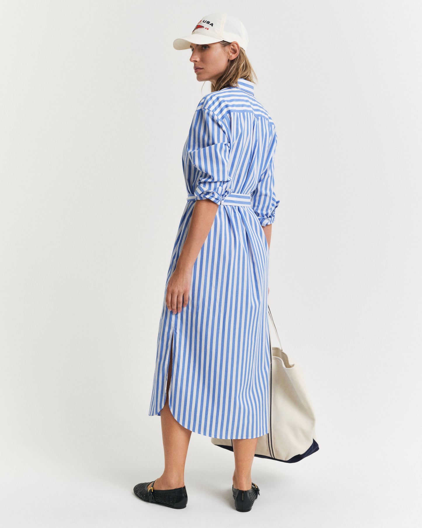 WHITE, REL STRIPED POPLIN SHIRT DRESS, BACK-VIEW BY GANT AU.