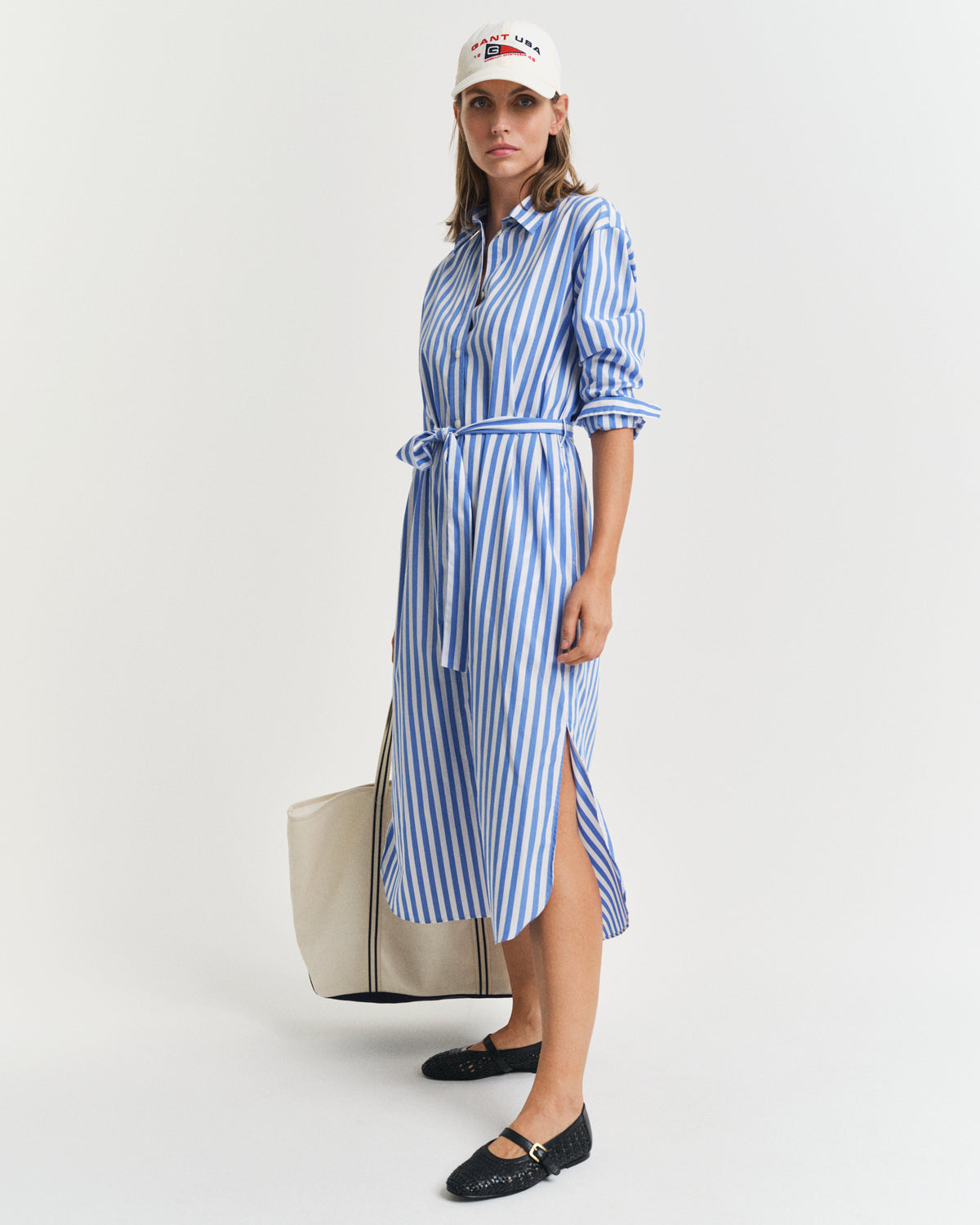 WHITE, REL STRIPED POPLIN SHIRT DRESS BY GANT AU.
