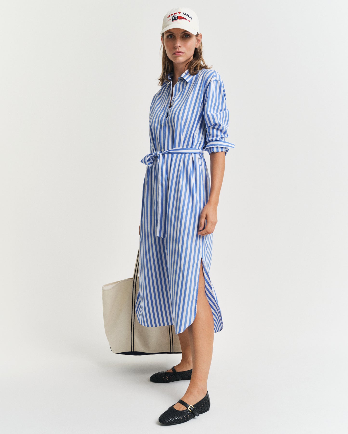 WHITE, REL STRIPED POPLIN SHIRT DRESS BY GANT AU.