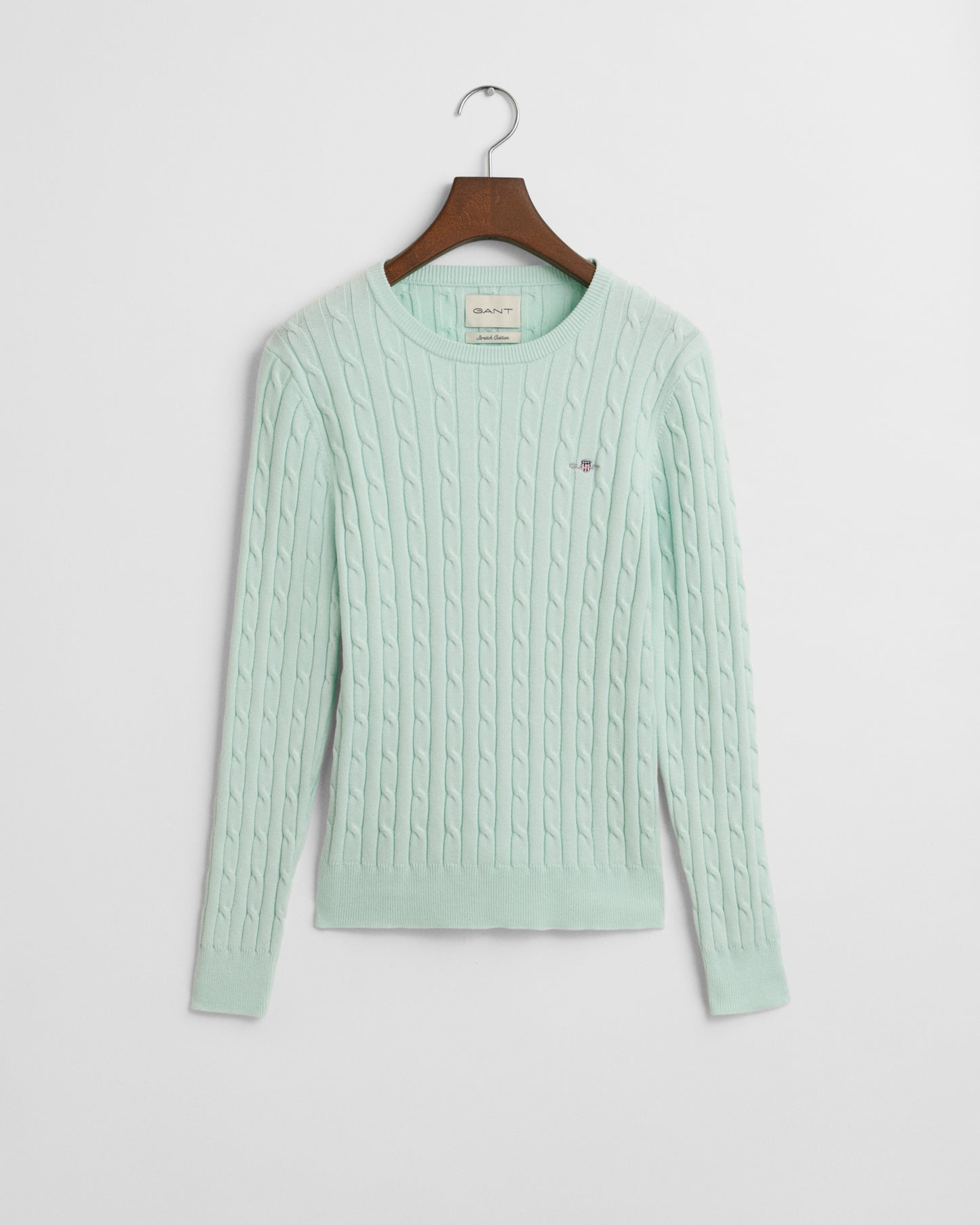 FADED MINT, STRETCH COTTON CABLE C-NECK, FLAT-LAY BY GANT AU.