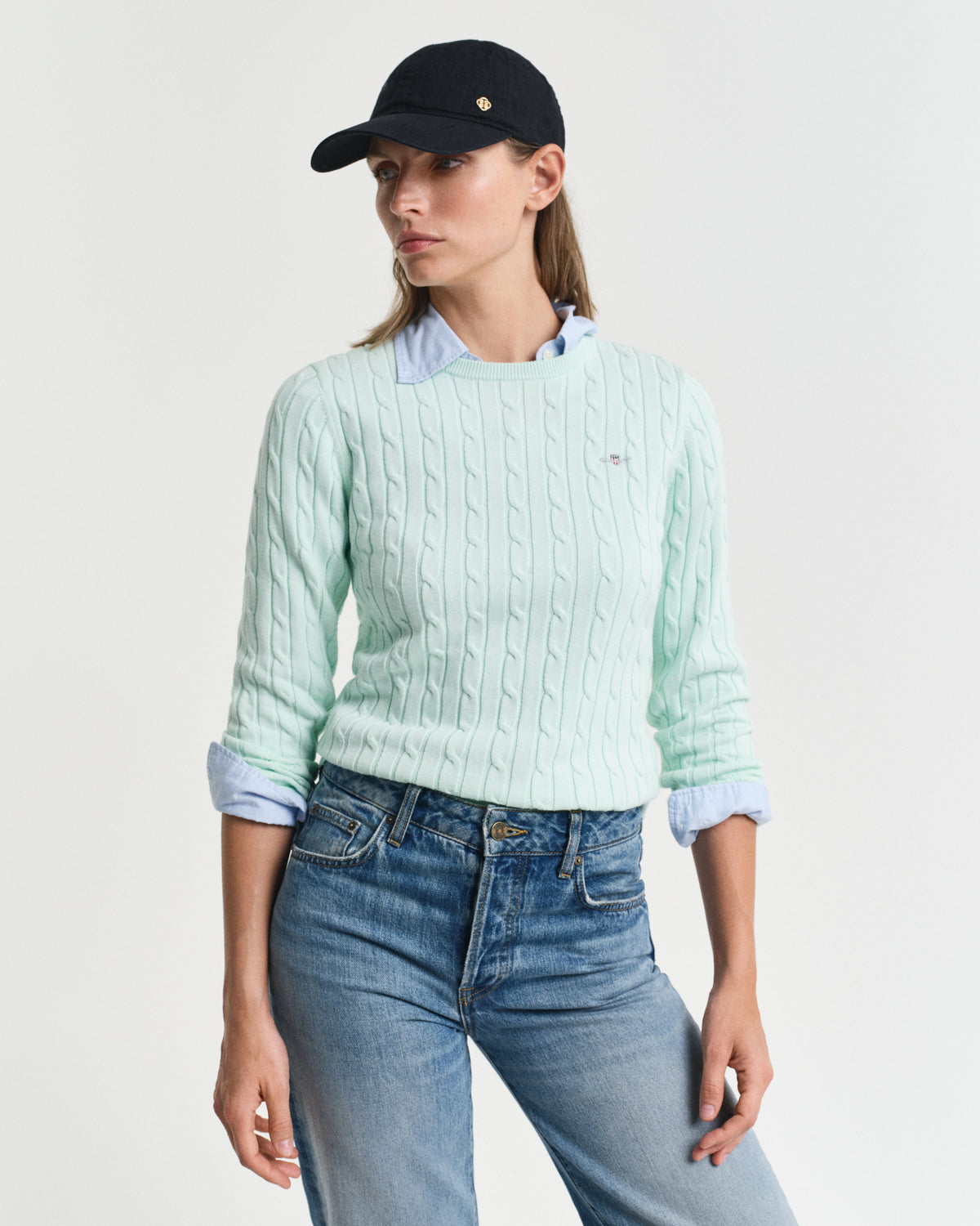 FADED MINT, STRETCH COTTON CABLE C-NECK, FRONT-VIEW BY GANT AU.