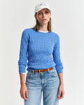 MODEL WEARING STRETCH COTTON CABLE C-NECK
