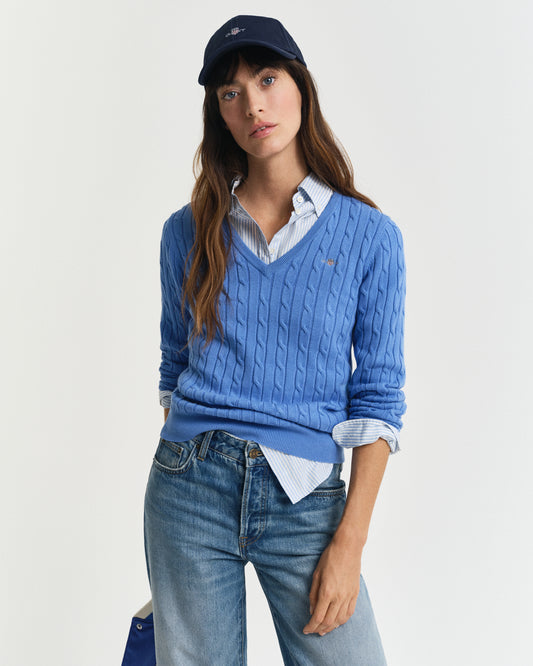 PERFECT BLUE, STRETCH COTTON CABLE V-NECK, FRONT-VIEW BY GANT AU.