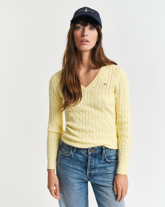 DUSTY LIGHT YELLOW, STRETCH COTTON CABLE V-NECK, FRONT-VIEW BY GANT AU.
