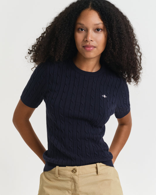EVENING BLUE, STRETCH COTTON CABLE SS C-NECK, FRONT-VIEW BY GANT AU.