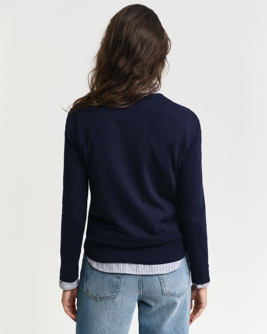 EVENING BLUE, FINE KNIT V-NECK, BACK-VIEW BY GANT AU.
