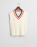 CREAM, CONTRAST CABLE V-NECK VEST, FLAT-LAY BY GANT AU.