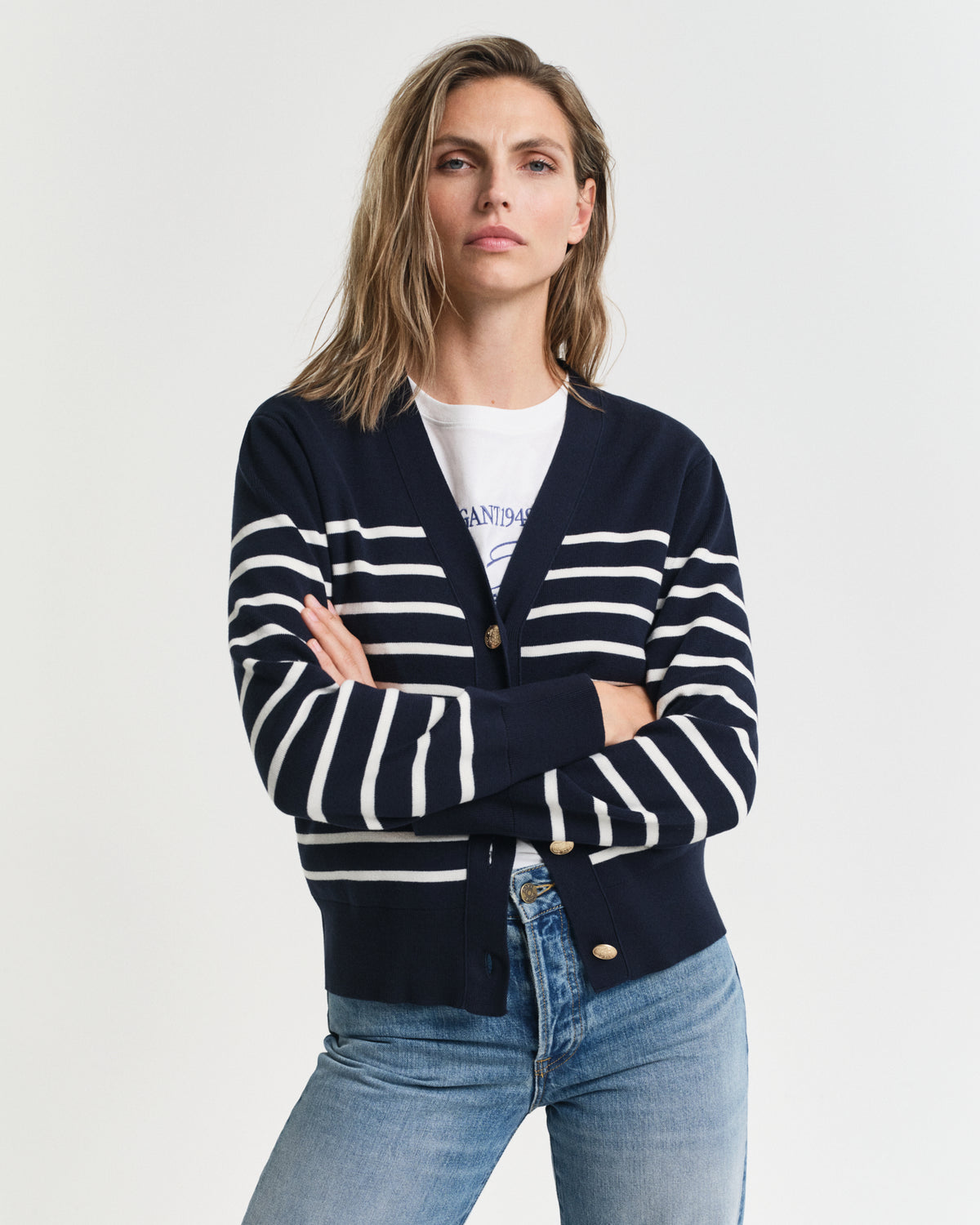 EVENING BLUE, STRIPED COTTON CARDIGAN, FRONT-VIEW BY GANT AU.