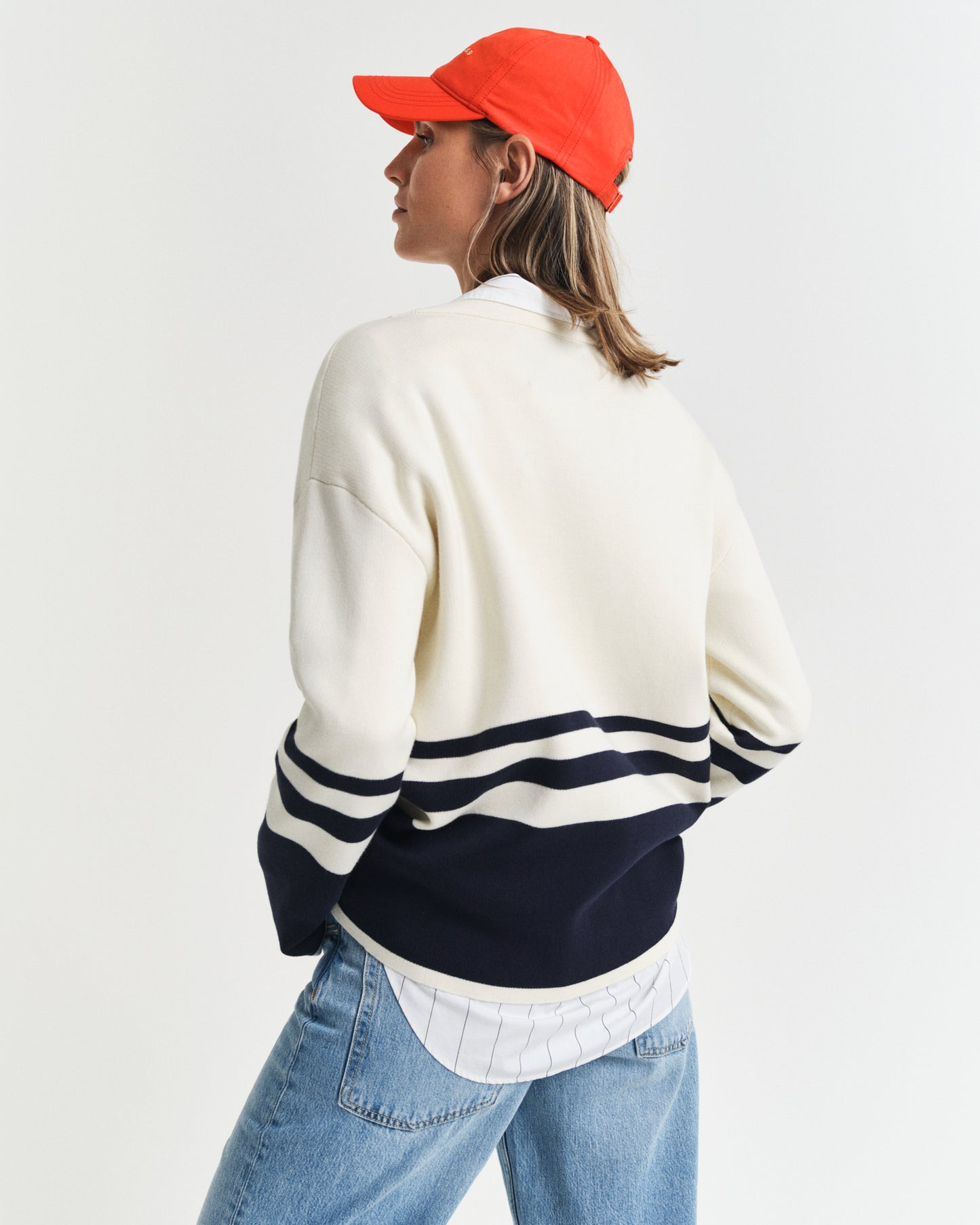 CREAM, GANT VARSITY V-NECK CARDIGAN, BACK-VIEW BY GANT AU.