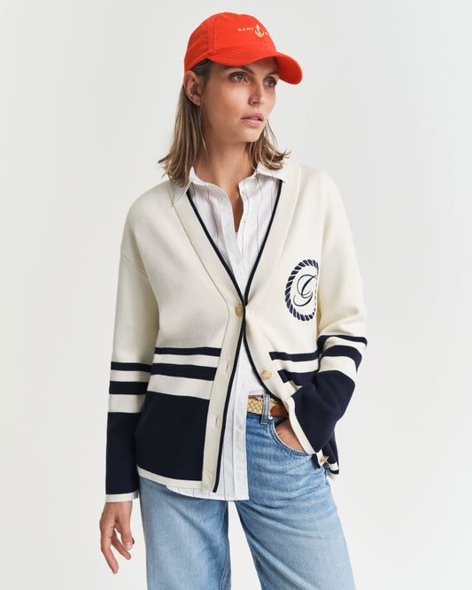 CREAM, GANT VARSITY V-NECK CARDIGAN, FRONT-VIEW BY GANT AU.