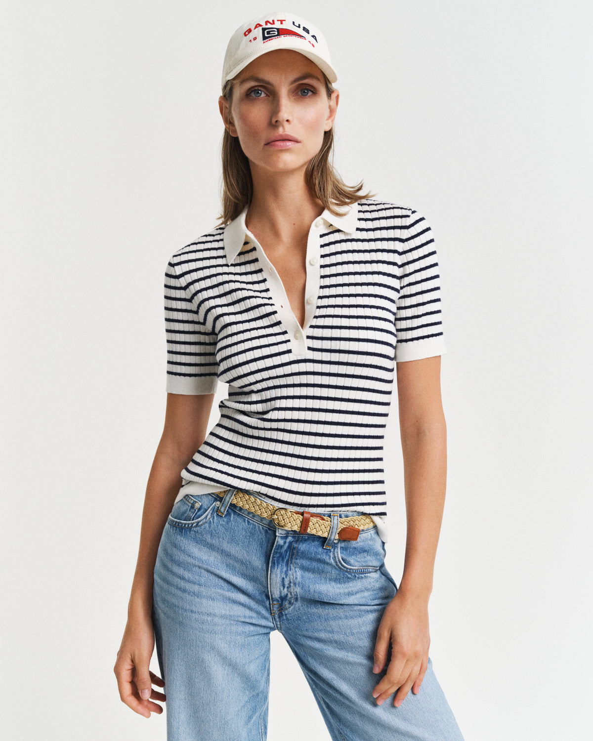 EVENING BLUE, RIB KNIT STRIPED SS RUGGER, FRONT-VIEW BY GANT AU.