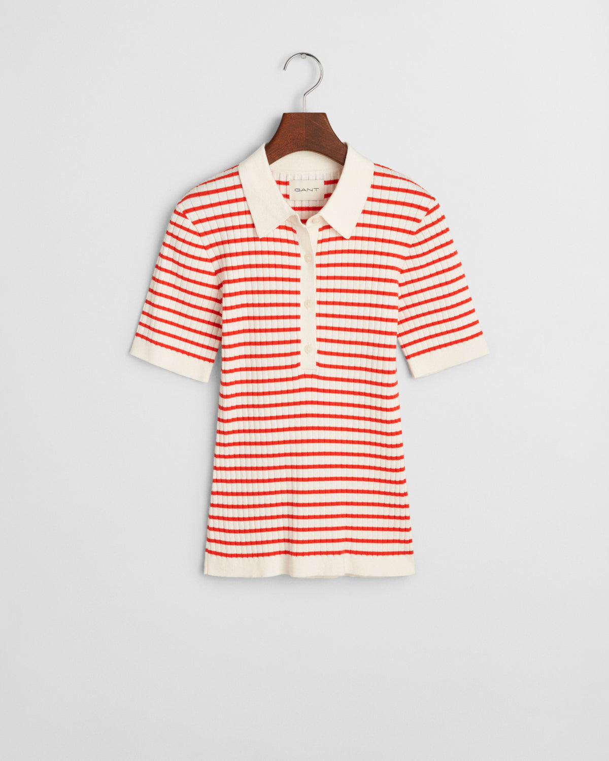 ORANGE RED, RIB KNIT STRIPED SS RUGGER, FLAT-LAY BY GANT AU.