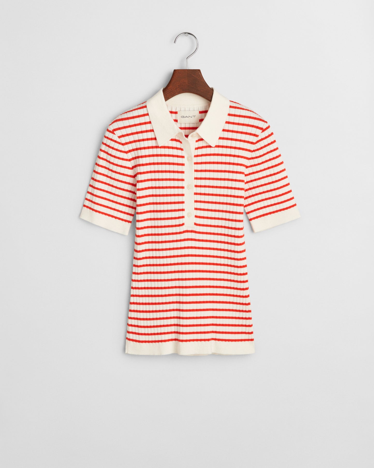 ORANGE RED, RIB KNIT STRIPED SS RUGGER, FLAT-LAY BY GANT AU.
