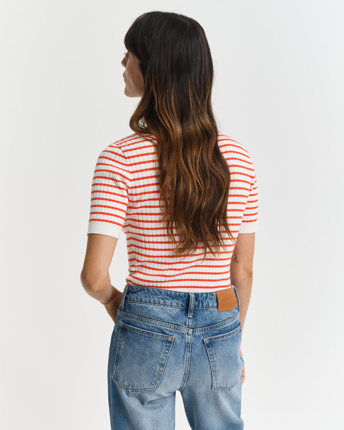 ORANGE RED, RIB KNIT STRIPED SS RUGGER, BACK-VIEW BY GANT AU.