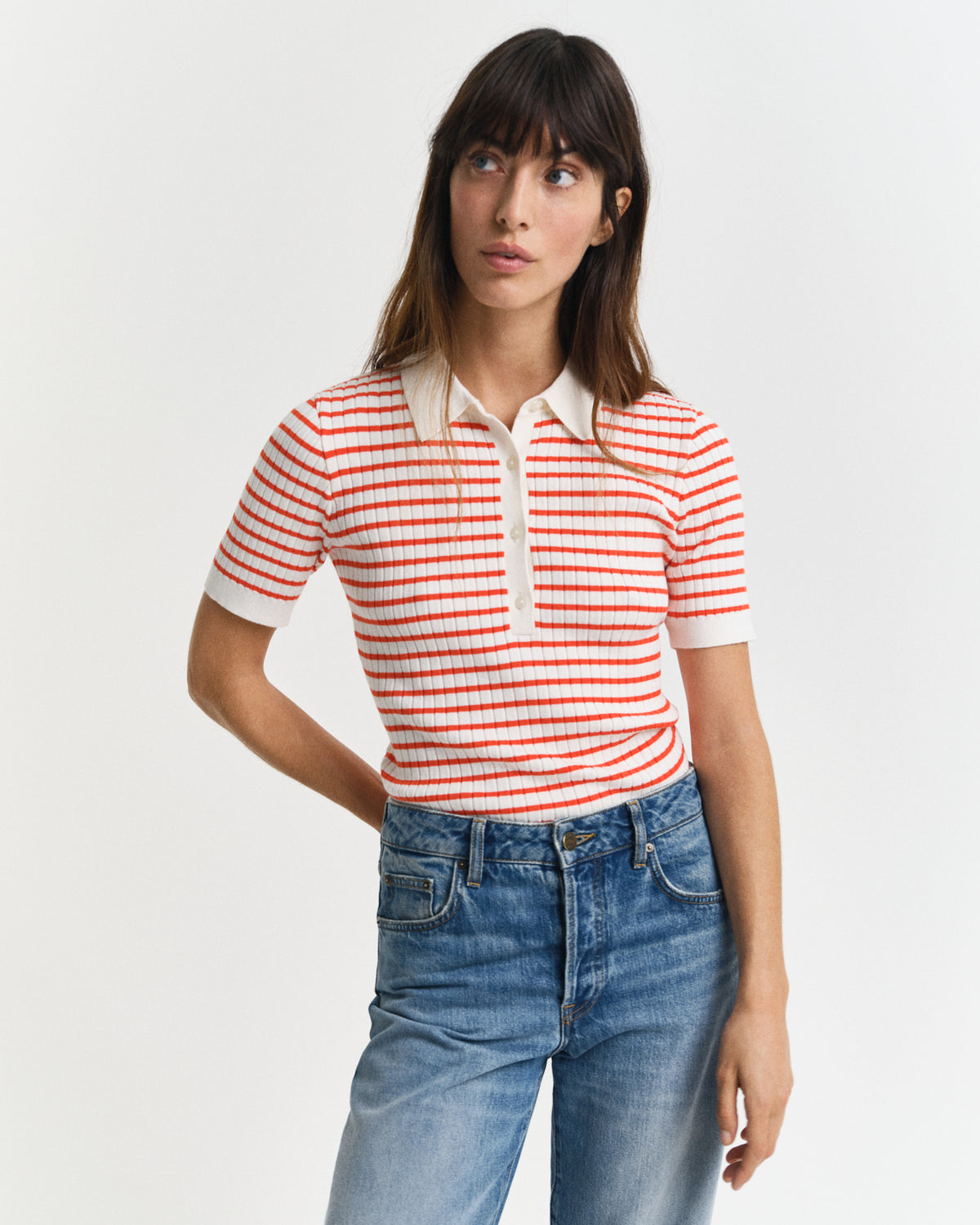 ORANGE RED, RIB KNIT STRIPED SS RUGGER, FRONT-VIEW BY GANT AU.
