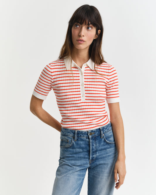ORANGE RED, RIB KNIT STRIPED SS RUGGER, FRONT-VIEW BY GANT AU.