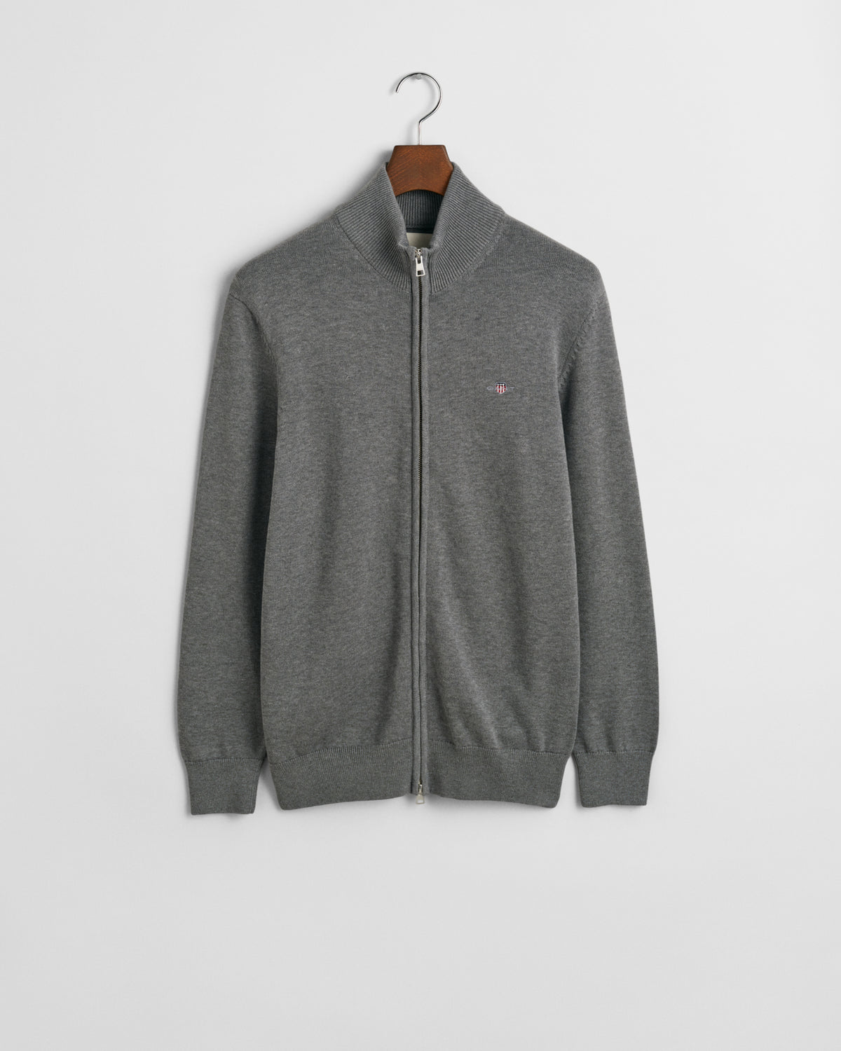 DARK GREY MELANGE, CASUAL COTTON ZIP CARDIGAN, FLAT-LAY BY GANT AU.