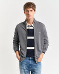 DARK GREY MELANGE, CASUAL COTTON ZIP CARDIGAN, FRONT-VIEW BY GANT AU.