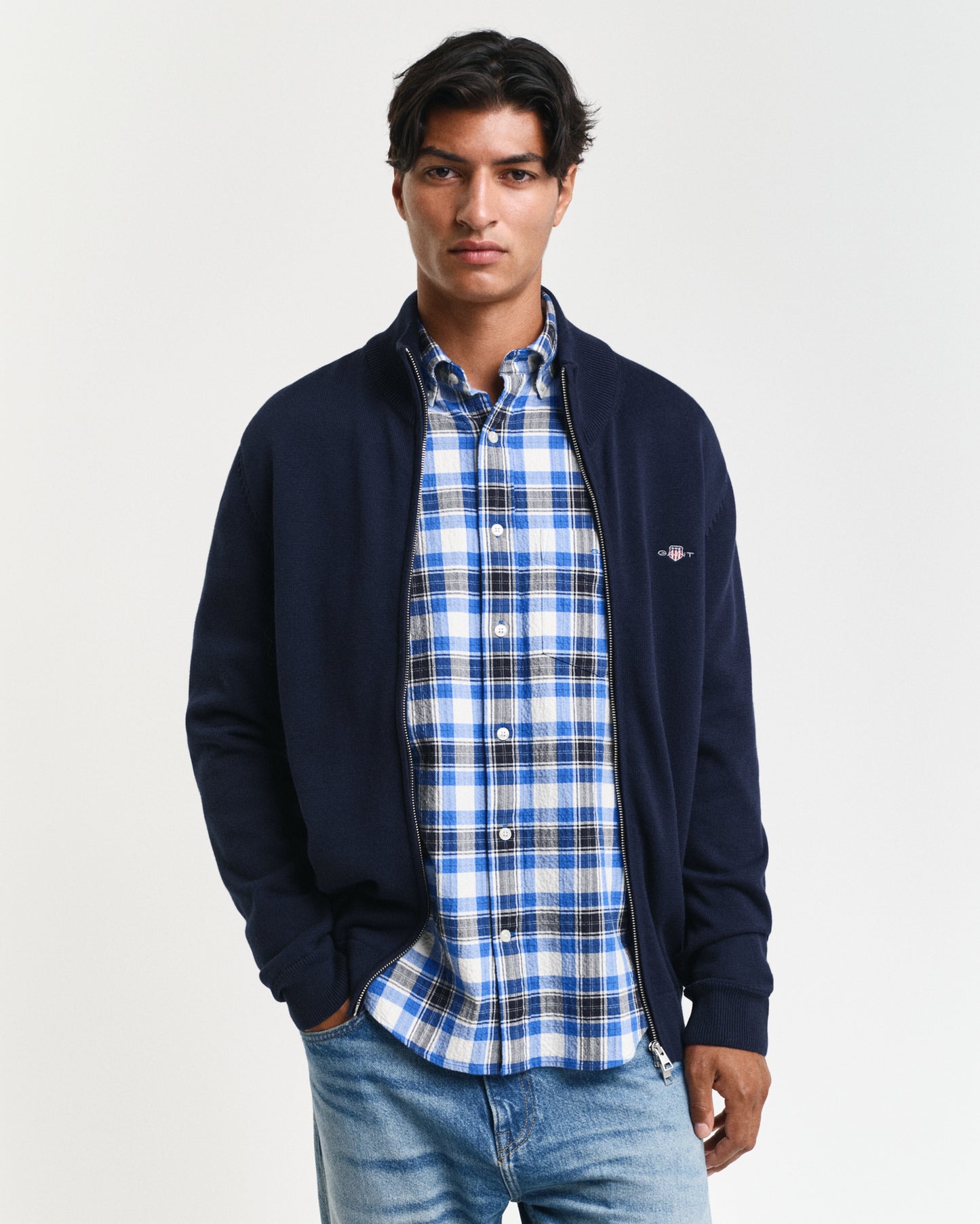 EVENING BLUE, CASUAL COTTON ZIP CARDIGAN, FRONT-VIEW BY GANT AU.