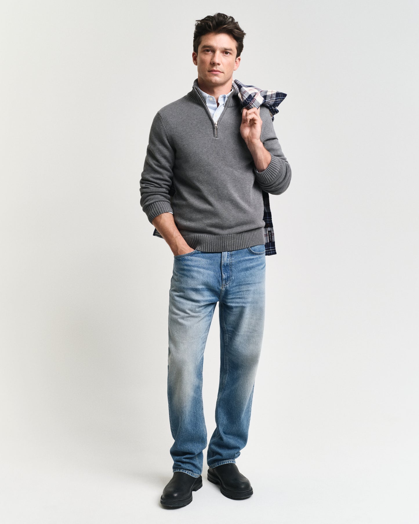 DARK GREY MELANGE, CASUAL COTTON HALF ZIP BY GANT AU.