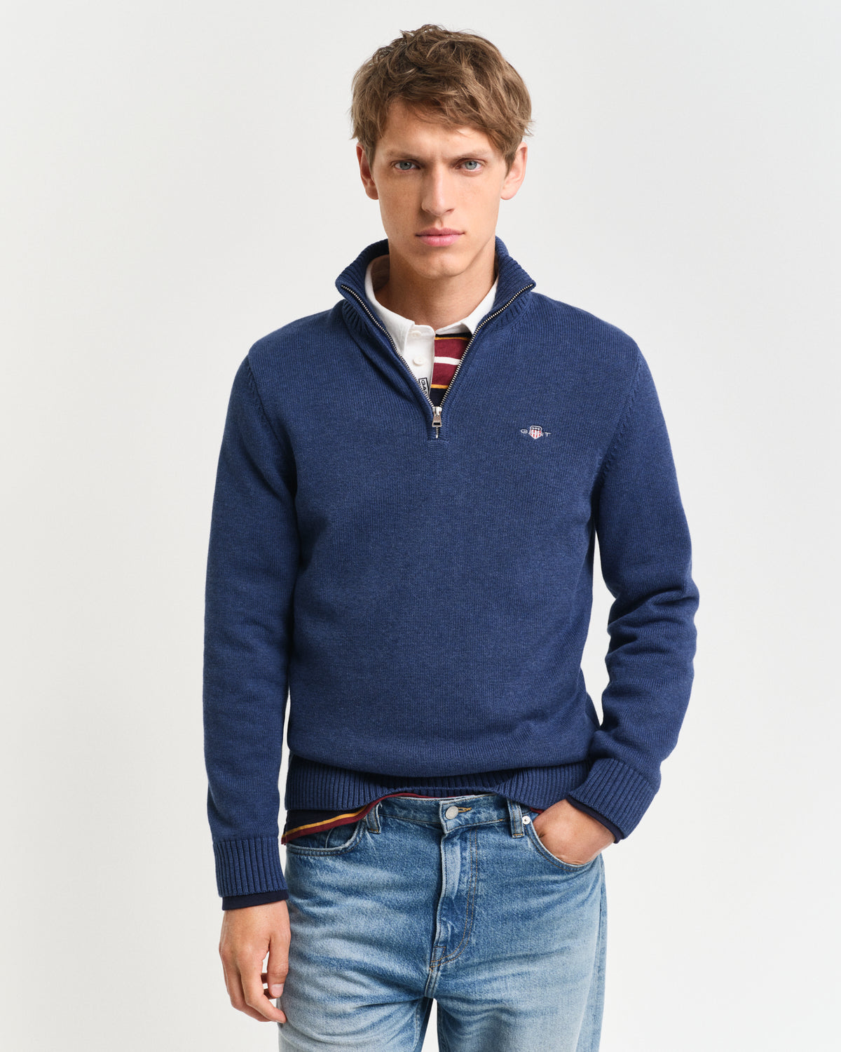 DK JEANSBLUE MELANGE, CASUAL COTTON HALF ZIP, FRONT-VIEW BY GANT AU.