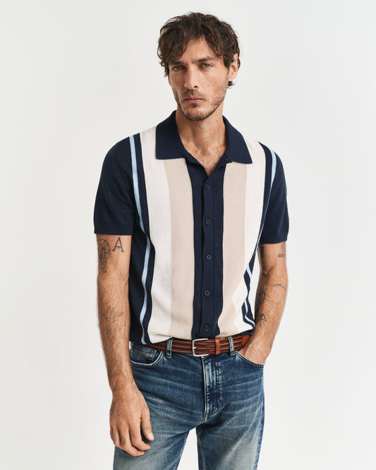 EVENING BLUE, COLOR BLOCKED COTTON SS POLO, FRONT-VIEW BY GANT AU.