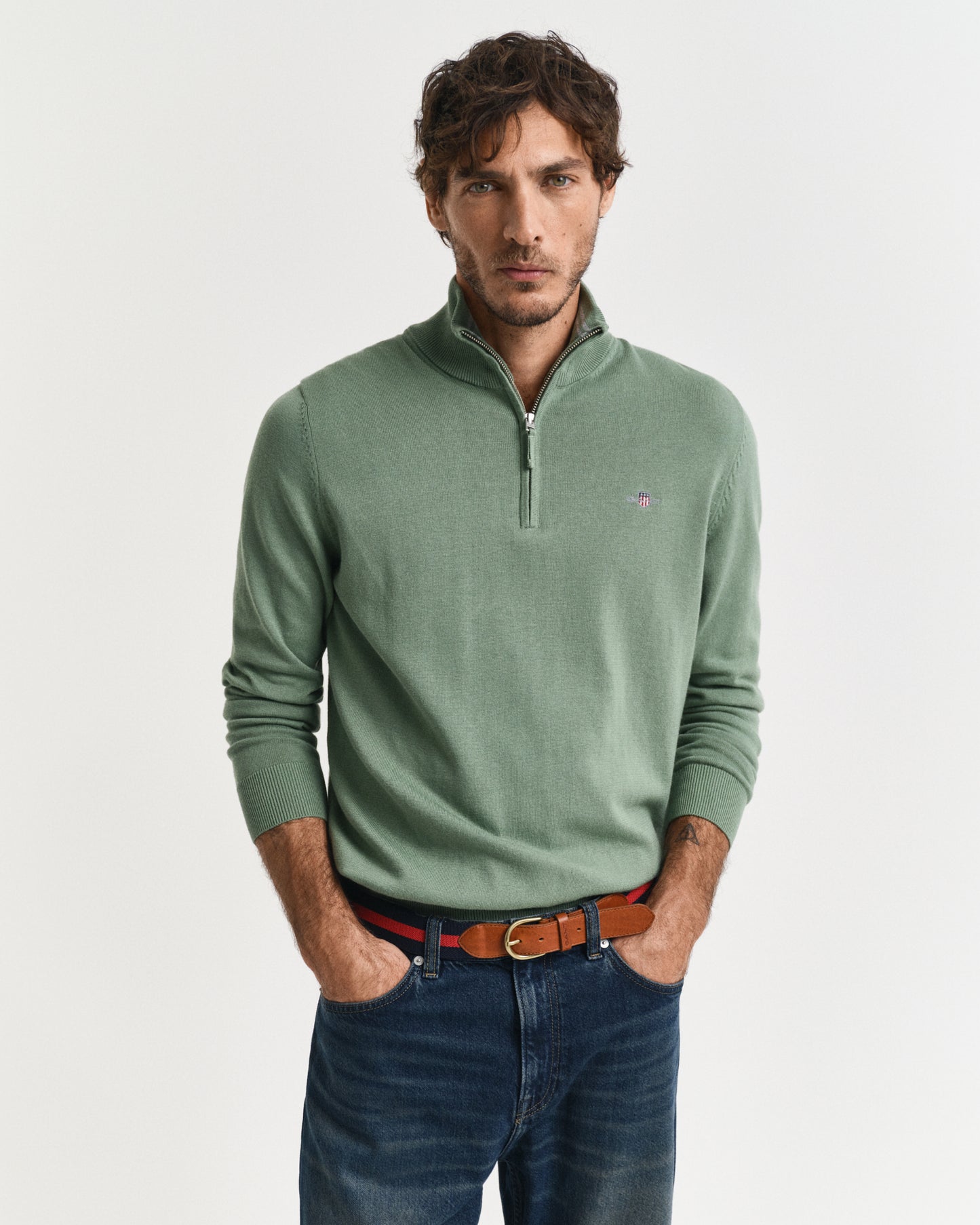 KALAMATA GREEN, CLASSIC COTTON HALF ZIP, FRONT-VIEW BY GANT AU.