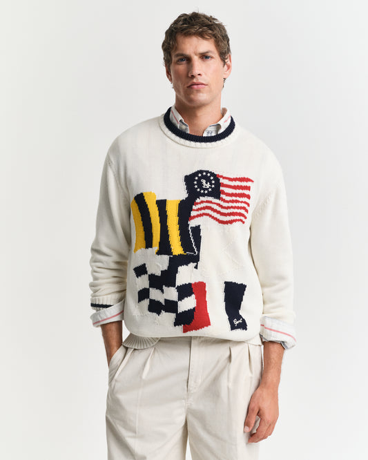 EGGSHELL, FLAG INTARSIA COTTON C-NECK, FRONT-VIEW BY GANT AU.