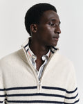 MODEL WEARING STRIPED COTTON SLUB HALF ZIP