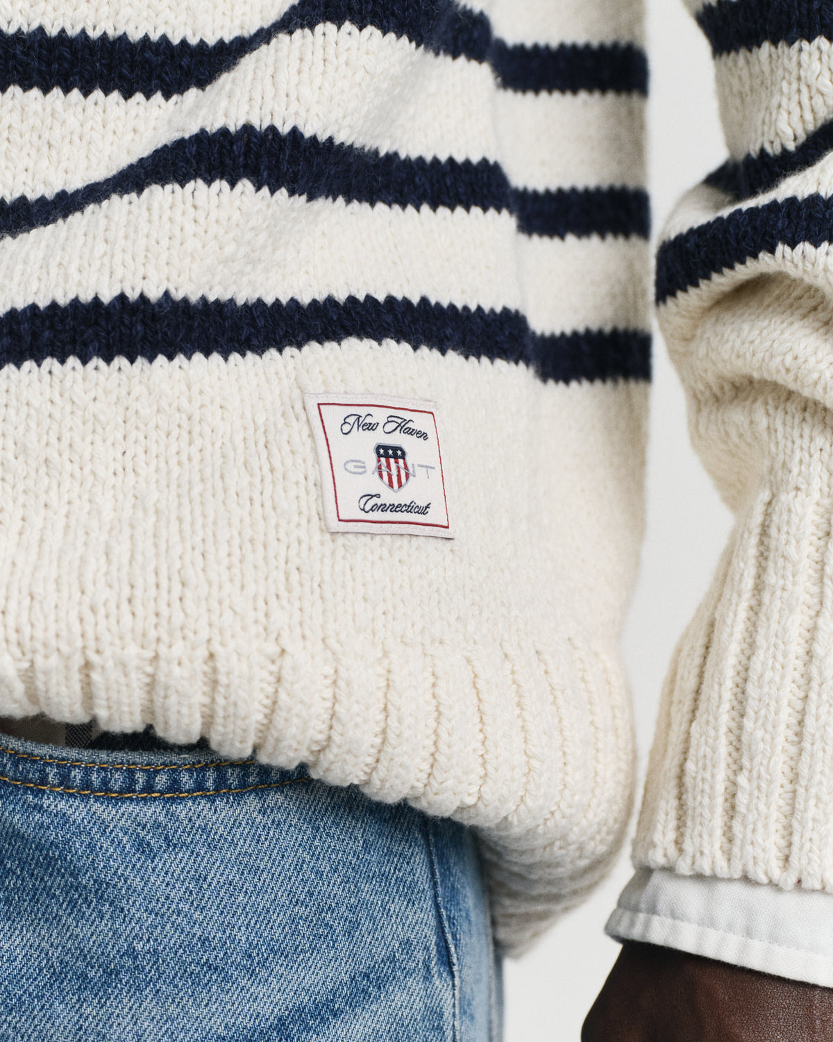 CREAM, STRIPED COTTON SLUB HALF ZIP, CLOSE-UP BY GANT AU.