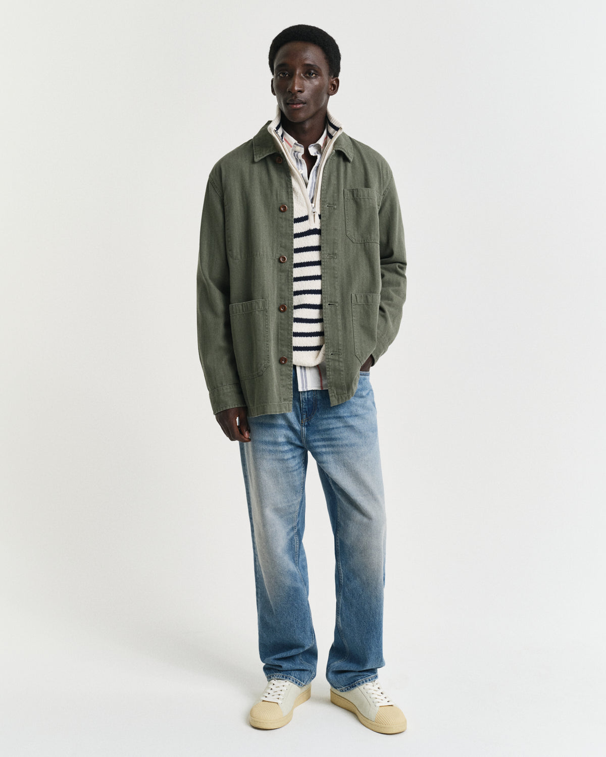 CREAM, STRIPED COTTON SLUB HALF ZIP BY GANT AU.
