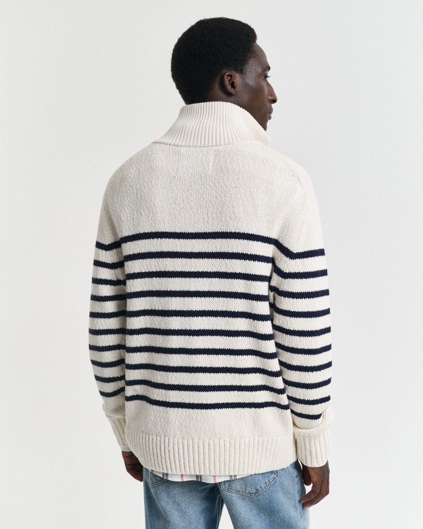 CREAM, STRIPED COTTON SLUB HALF ZIP, BACK-VIEW BY GANT AU.