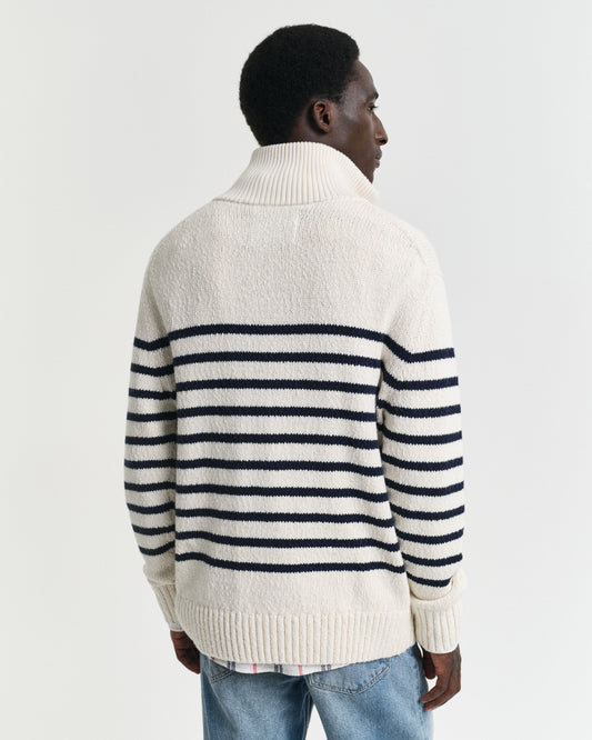 CREAM, STRIPED COTTON SLUB HALF ZIP, BACK-VIEW BY GANT AU.
