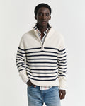 CREAM, STRIPED COTTON SLUB HALF ZIP, FRONT-VIEW BY GANT AU.