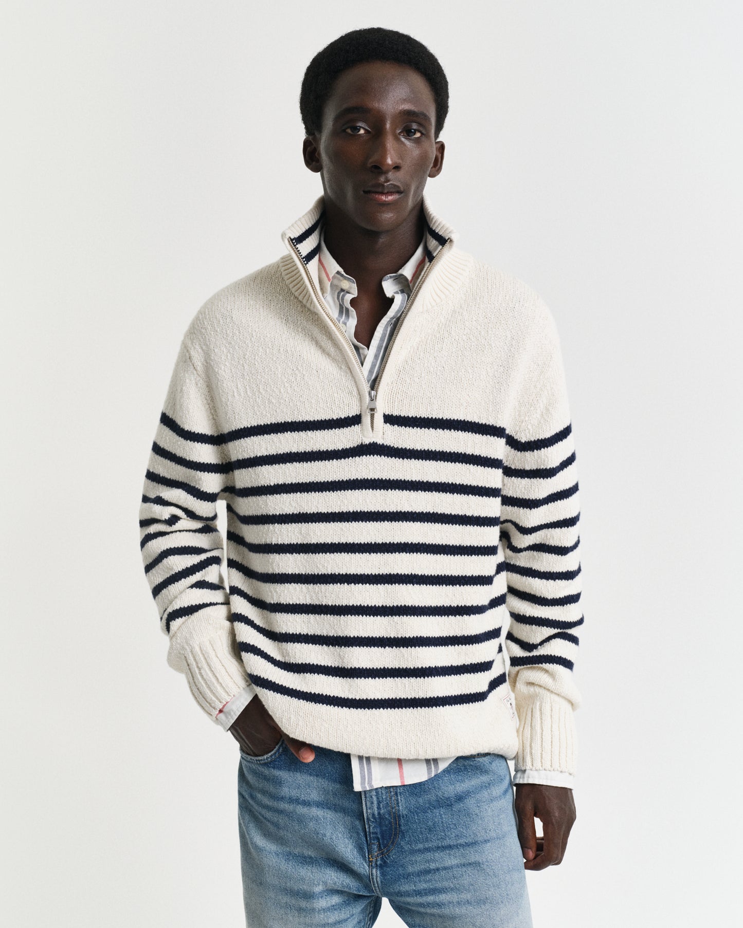 CREAM, STRIPED COTTON SLUB HALF ZIP, FRONT-VIEW BY GANT AU.
