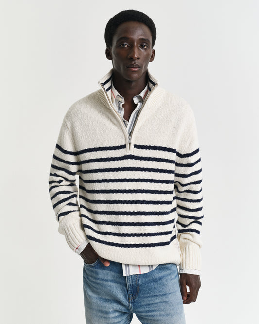 CREAM, STRIPED COTTON SLUB HALF ZIP, FRONT-VIEW BY GANT AU.
