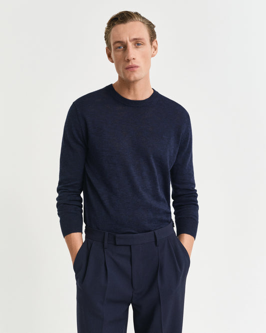EVENING BLUE, LINEN BLEND C-NECK, FRONT-VIEW BY GANT AU.