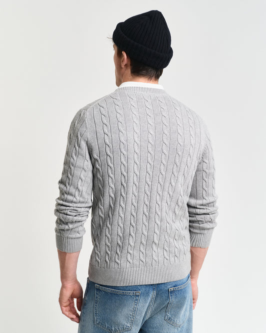 GREY MELANGE, COTTON CABLE C-NECK, BACK-VIEW BY GANT AU.