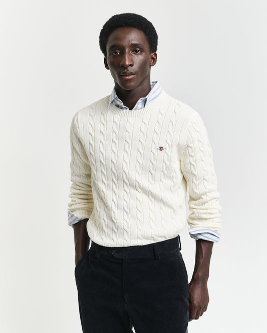 CREAM, COTTON CABLE C-NECK, FRONT-VIEW BY GANT AU.