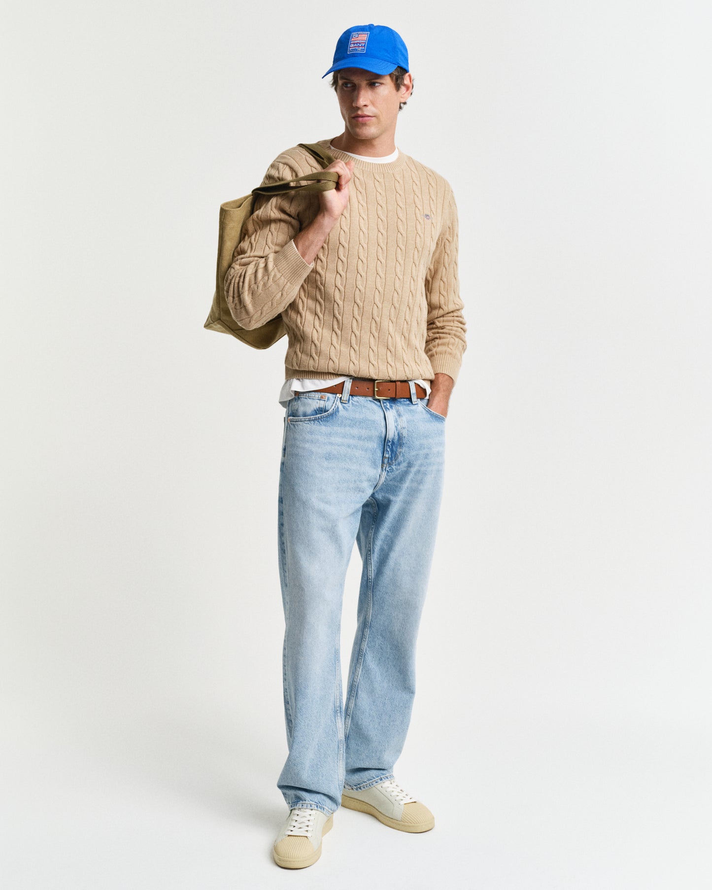 KHAKI MELANGE, COTTON CABLE C-NECK BY GANT AU.