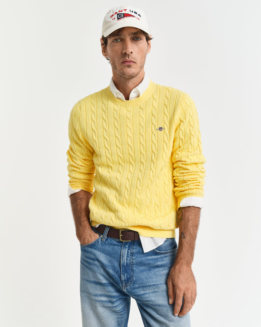 BANANA YELLOW, COTTON CABLE C-NECK, FRONT-VIEW BY GANT AU.