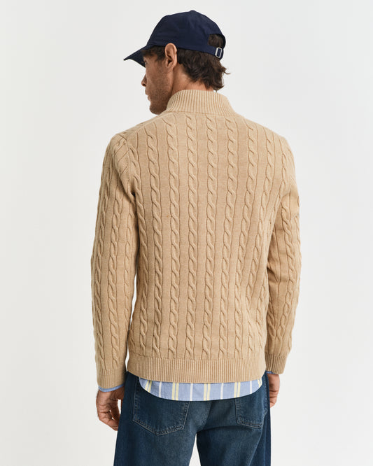 KHAKI MELANGE, COTTON CABLE HALF ZIP, BACK-VIEW BY GANT AU.