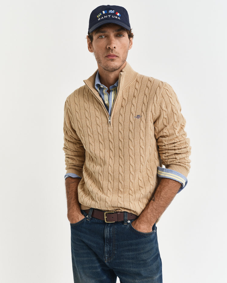 KHAKI MELANGE, COTTON CABLE HALF ZIP, FRONT-VIEW BY GANT AU.