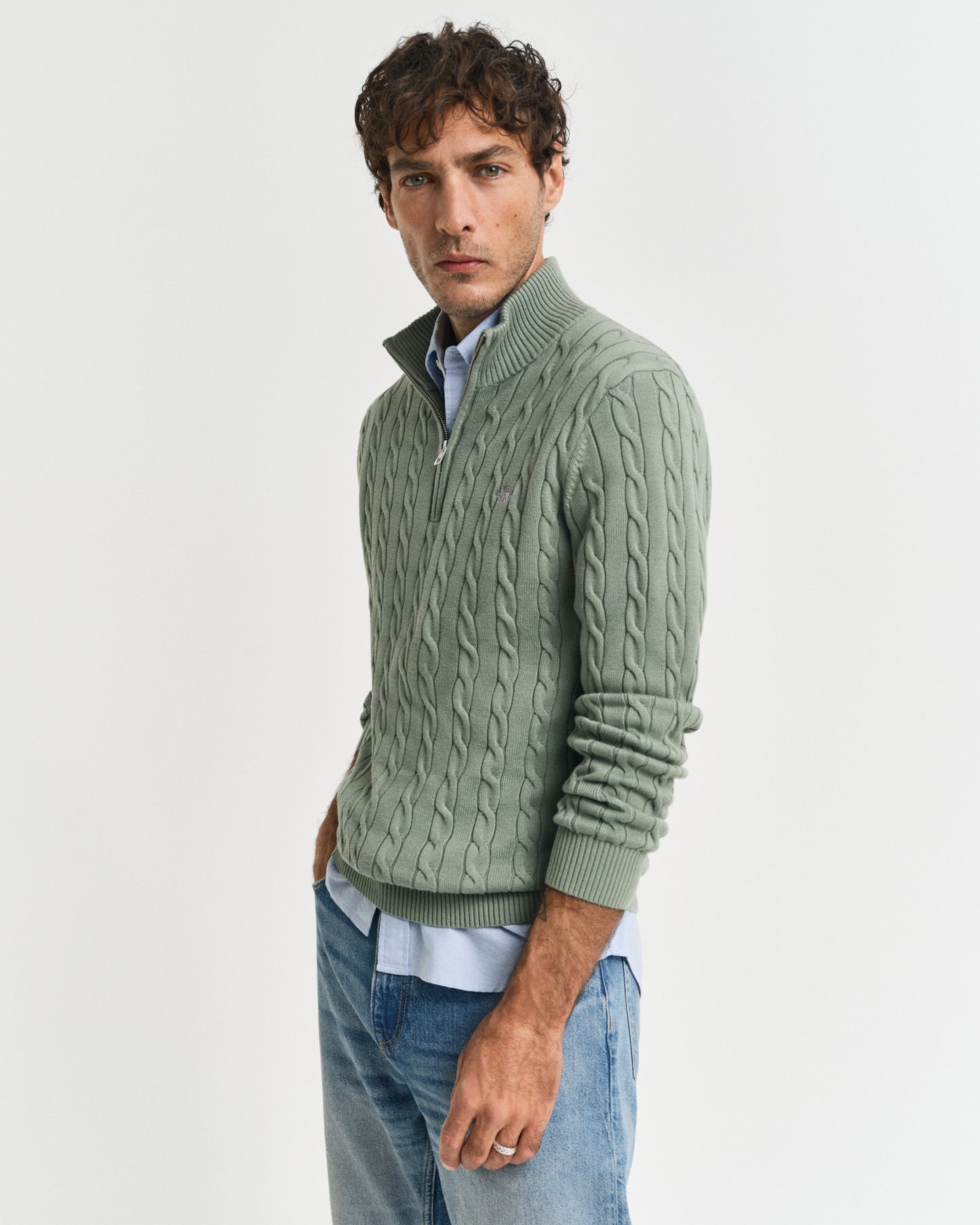 KALAMATA GREEN, COTTON CABLE HALF ZIP, FRONT-VIEW BY GANT AU.