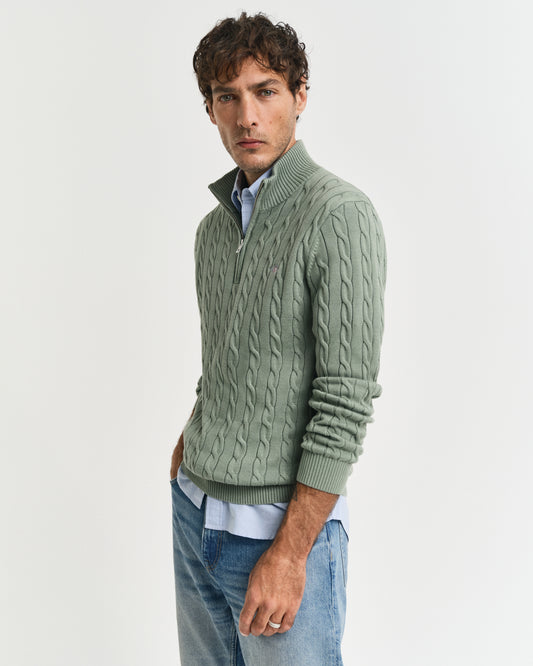 KALAMATA GREEN, COTTON CABLE HALF ZIP, FRONT-VIEW BY GANT AU.