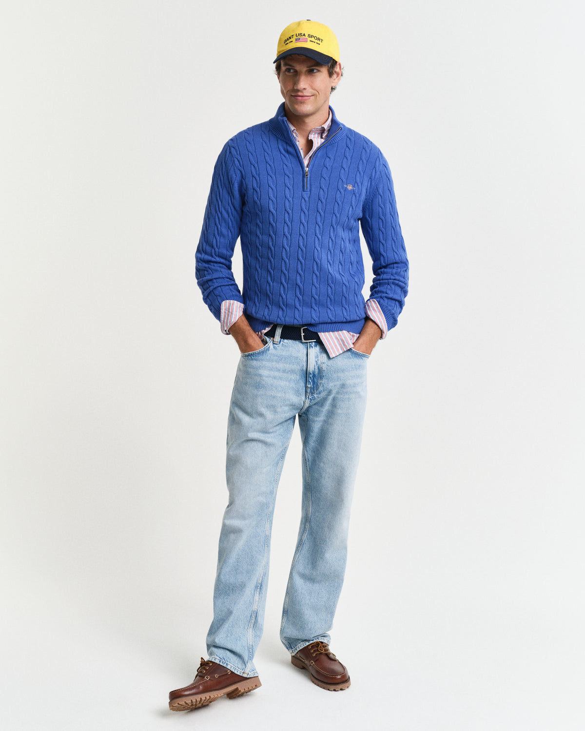 RICH BLUE, COTTON CABLE HALF ZIP BY GANT AU.
