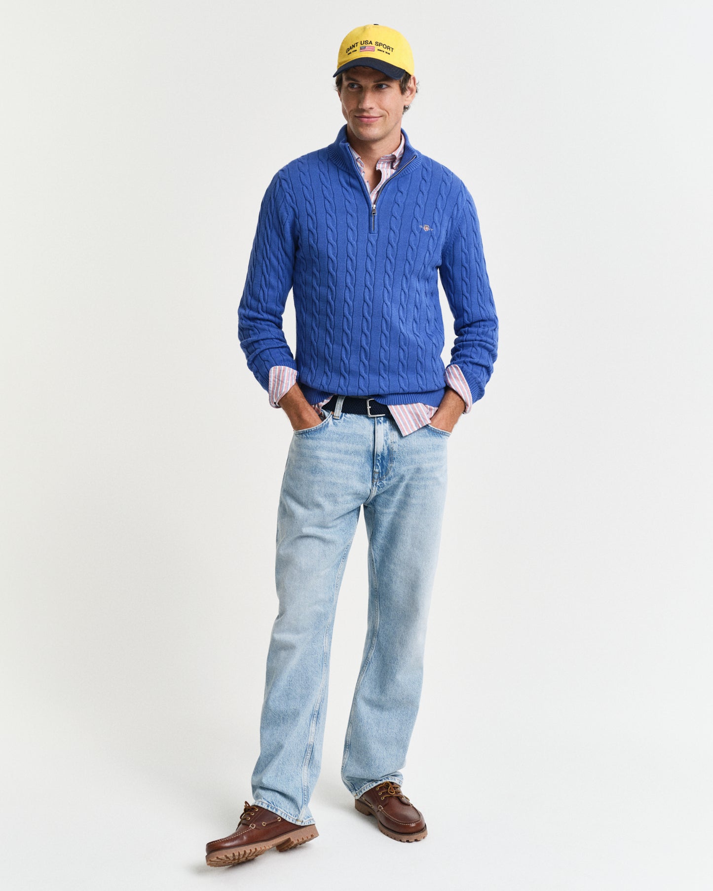 RICH BLUE, COTTON CABLE HALF ZIP BY GANT AU.