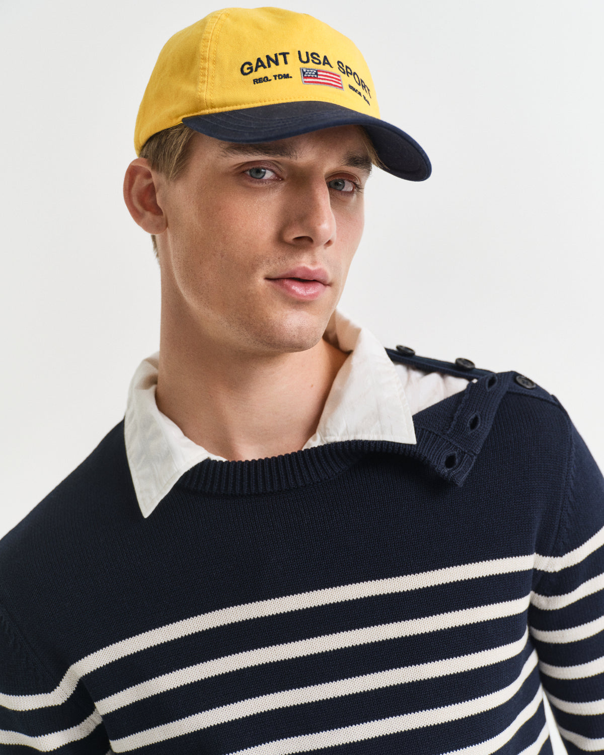 MODEL WEARING STRIPED COTTON C-NECK
